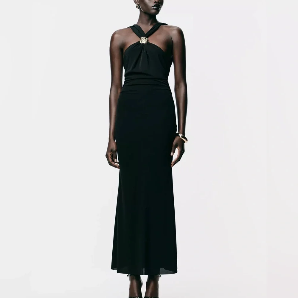 Zara Black Fitted Wrap Midi Dress Gold Neck Detail Criss-cross Back Slit NWT S